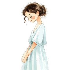 Watercolor Illustration of a Young Woman in a Flowing Light Blue Dress