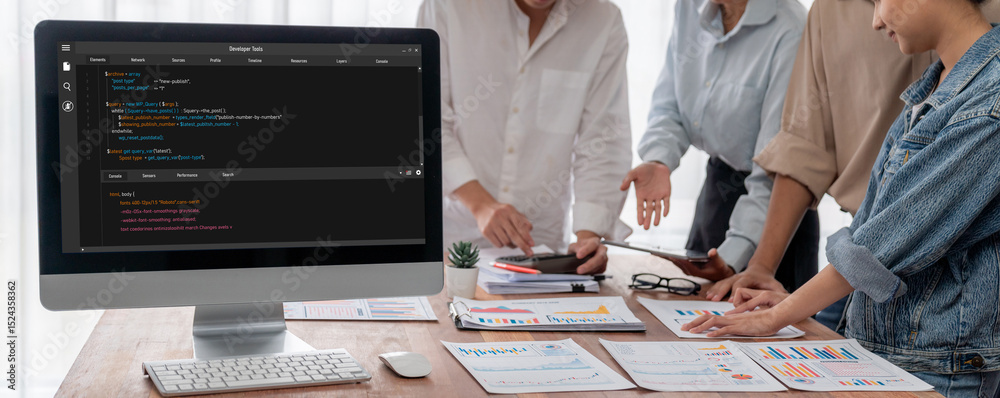 Fototapete Software development programming on computer screen for brisk application and program coding