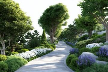 Serene garden path with lush greenery and flowers