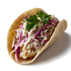 Crispy fish taco crowned with vibrant slaw, perfect for Taco Tuesday celebrations or pescatarian delights, invoking coastal fiestas