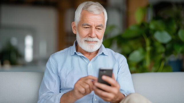 Senior man checking blood sugar with smartphone in bright living room