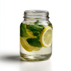 Refreshing mint-lemon infusion in glass jar, capturing zen vitality, ideal for Detox Day or Green Life Festival celebrations