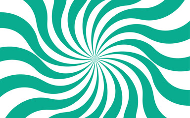 Abstract high-energy radial burst design with bright teal and white wavy stripes. Symmetrical curved segments, a hypnotic, sunburst optical illusion. Swirling motion dynamic vintage pop-art.