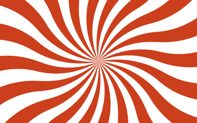 Abstract high-energy radial burst design with bright red and white wavy stripes. Symmetrical curved segments, a hypnotic, sunburst optical illusion. Swirling motion dynamic vintage pop-art.