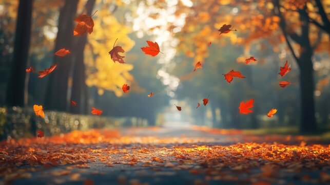 Vibrant autumn leaves falling on sunlit pathway in a serene forest - Powered by Adobe
