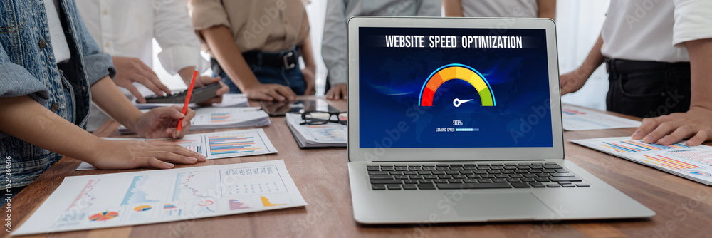 Fototapete Computer software evaluating website loading speed. Concept of improving website loading speed brisk.