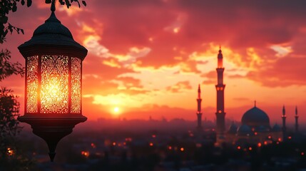 Eid Mubarak and Ramadan Kareem greetings with an Islamic lantern, clouds, and a mosque.