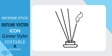Simple line art illustration of burning incense sticks in a holder. Editable vector icon in a linear style,