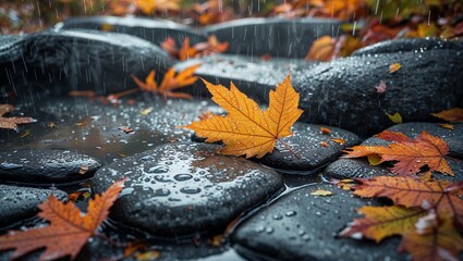 Fototapeta premium Golden autumn foliage blankets the forest floor and floats on the water, painting a vibrant natural landscape