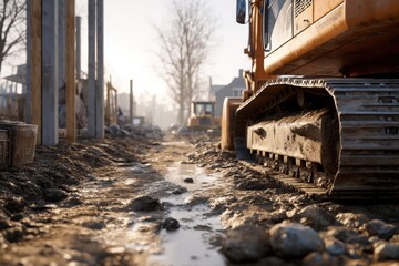 Fototapeta premium Muddy construction site with excavator tracks
