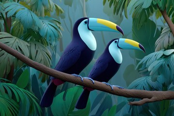 Fototapeta premium Two toucans perched on a branch in lush tropical foliage