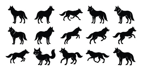 Set of Wolf Silhouettes – Walking, Running, and Standing Vector Wolves Collection on white background


