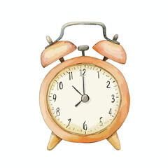 Watercolor Illustration of an Orange Alarm Clock with Visible Hands and Numbers