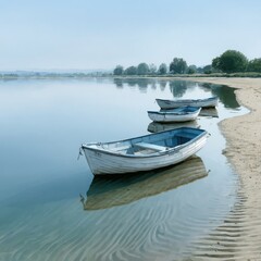 Obraz premium Three small boats moored on a calm lake shore
