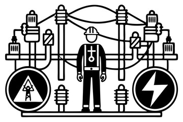 Electrician at Work High-Voltage Power Line Maintenance Illustration