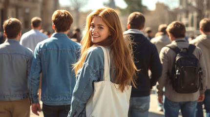 Fototapeta premium Female student going for class in high school, young woman with long, flowing red hair and a denim jacket, carrying a cream-colored canvas tote bag over her shoulder, turns to smile at the camera.