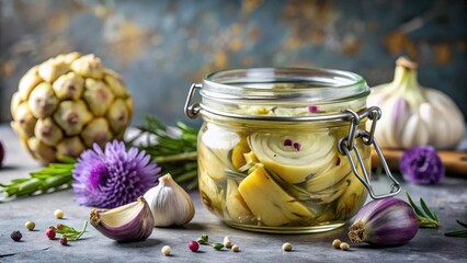 artichoke hearts preserved in jar with garlic and olive oil on kitchen countertop , Mediterranean cuisine, edible flowers