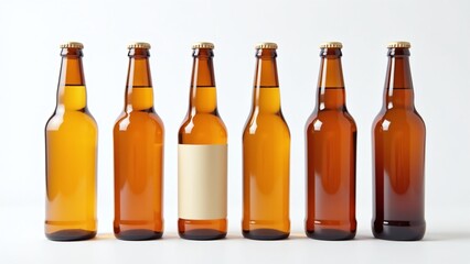 Collection of beer bottles in various shapes, Isolated on white for design versatility, No label mockup with glass reflections, Ideal for beverage product mockups