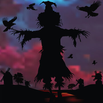 scarecrow and birds silhouettes on dark sunset background