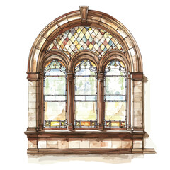Watercolor Illustration of an Ornate TripleArched Stained Glass Window