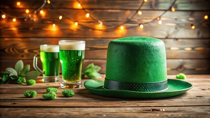 A green hat sits on a wooden table surrounded by beer glasses and decorations