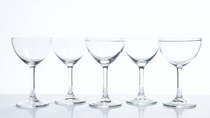 Fototapeta premium Stacked empty glasses for cocktail setup, Layered highball and tumbler designs, Studio white backdrop with clean lighting, Minimalist product photography
