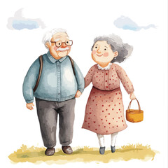 Watercolor Illustration of Elderly Couple Holding Hands Smiling and Walking Together
