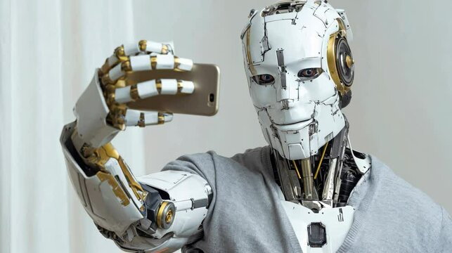 Humanoid robot taking a selfie with smartphone. Artificial identity, self-representation, humanization of machines, future technology.
