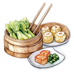 Watercolor Illustration of Dim Sum Bok Choy and Tofu