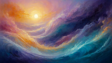 Fantasy sky painting with waves of light and color.