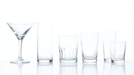 Transparent empty cocktail glasses set, Stylish mix of classic barware forms, Isolated on white with soft reflections, Perfect for elegant drink displays