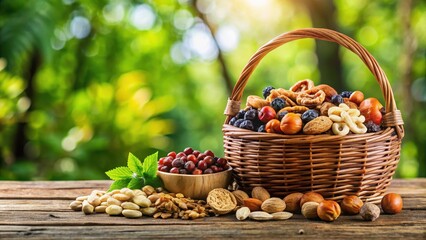 A basket filled with assorted nuts and dried fruits on a wooden table, surrounded by greenery , food, fall decor , food