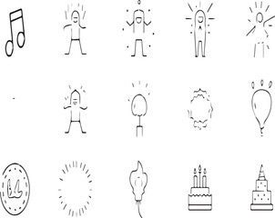 Minimalist Celebration and Party Line Icons Featuring Music, Balloons, Cakes, and Joyful Figures