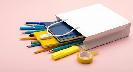 Shopping bag with different school stationery on pink background, back to school concept