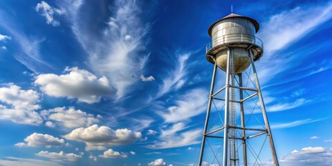 Steel water tower against the clear blue sky with a few white clouds , steel, rural area,  steel, rural area