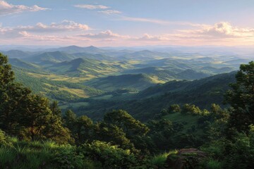 Naklejka premium Serene vista of rolling green hills and lush forests