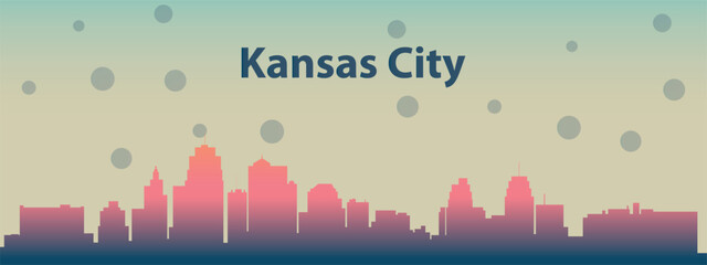 Fototapeta premium A stylized silhouette of the city skyline of Kansas city, Missouri with pink buildings against a light beige sky with scattered dark circles that can symbolize rain or stars.