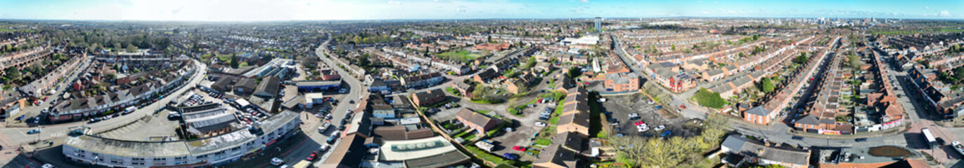 Fototapeta premium High Angle Panoramic View of Modern Central Coventry City of England United Kingdom. Drone Camera Footage Was Captured on March 30th, 2024