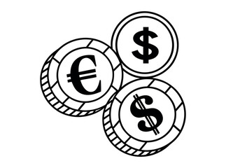 Euro and US Dollar Currency Exchange Illustration, vector graphic icons of Euro and US Dollar currency symbols, overlapping Euro and US dollar coins, currency, money, finance, international, global, e