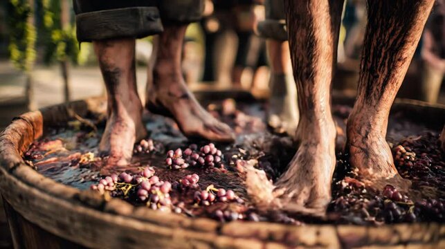 Close-up of bare feet stomping grapes in a rustic wooden barrel during a traditional wine-making event.