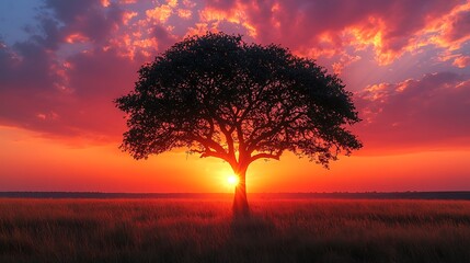 Obraz premium Silhouette tree at sunset landscape