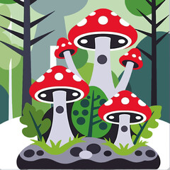 Fototapeta premium Illustration of red and white mushrooms in a forest setting-Whimsical mushroom art print-Unique forest illustration for home decor-Mushroom illustration for kids-Nature inspired illustration