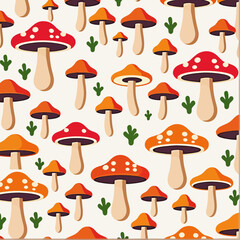 Mushroom Pattern Wallpaper-Red and Orange Toadstools-Cute Botanical Design-Forest Illustration-Trendy Mushroom Decor-Nature Inspired Print-Fun and Playful-Whimsical Art