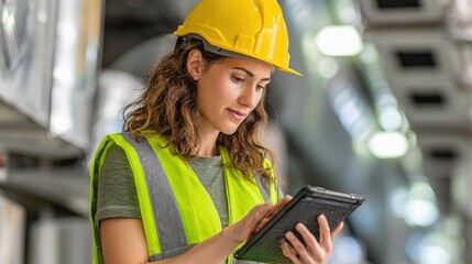 Female Engineer Inspecting Ductwork and Adjusting HVAC System