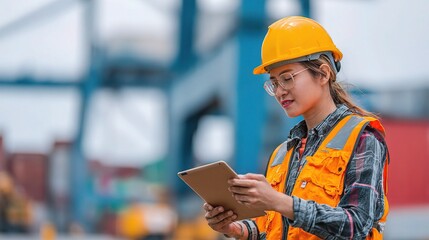 Fototapeta premium Woman Engineer Using Tablet to Coordinate Steel Delivery Operations
