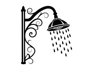Showerhead with Water Drops and Floral Design, Elegant black and white silhouette of a decorative showerhead with water droplets, water, shower, spray, droplets, plumbing, bathroom, hygiene, home , el