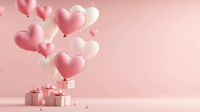 Pink heart balloons and pink gifts float against a pink background, symbolizing love, celebration, joy, and gifting