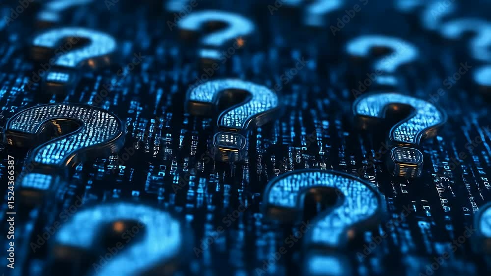 Poster blue digital question marks on a dark code background, symbolizing uncertainty, mystery, digital eni