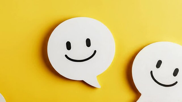 Happy faces in speech bubbles on yellow background, symbolizing positive communication, feedback, and cheerful interaction
