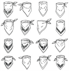 Diverse vector bandana collection with plain and intricately patterned designs. Ideal for fashion, textile, and graphic design projects with a trendy appeal.
